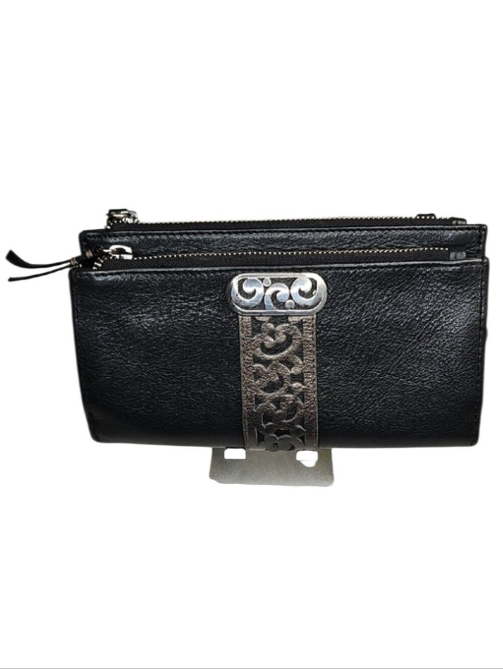 Brighton Black Leather Wallet/Organizer/Crossbody with Silver Accent